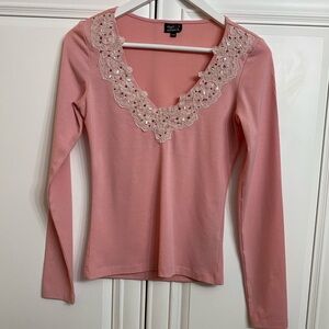 Digital Stretch Women’s Sz Small Elegant Pink Lace-Trimmed Long Sleeve Top